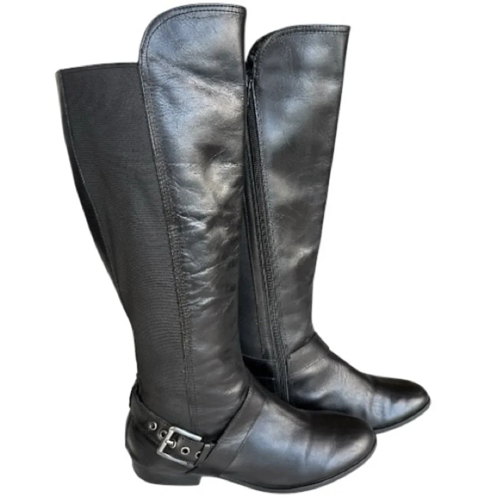 Liz Claiborne Black Leather Nicole Buckle Knee-High Riding Boots Stretch Sz 8.5M